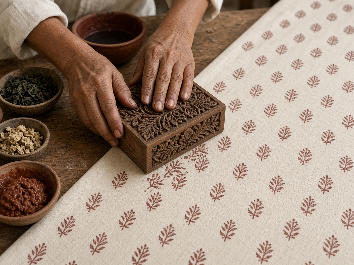 An artisan pressing a carved wooden block onto cotton cloth