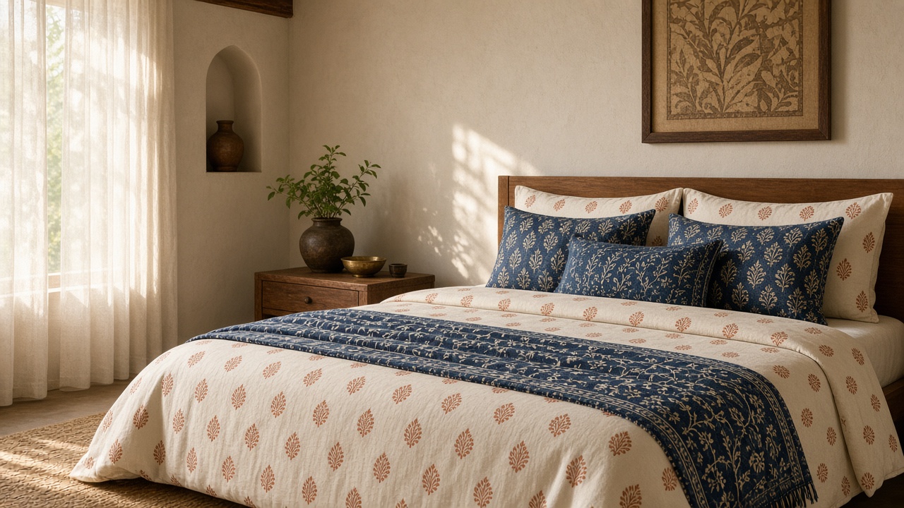 A bed made with hand block printed cotton bedlinen in a sunlit room